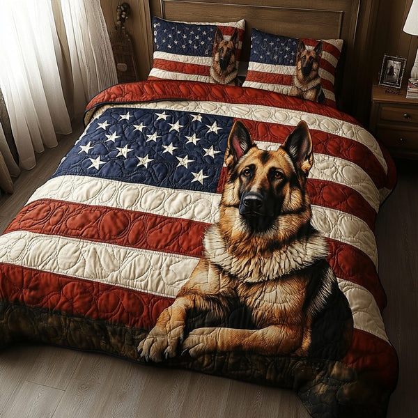 American Shepherd quilted 3-piece bedding set on a made bed in a warmly lit bedroom