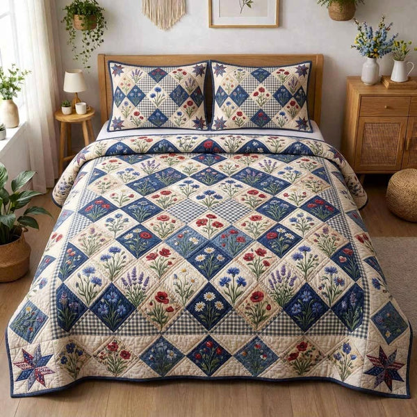 American Spirit Bloom quilted 3-piece bedding set on a made bed in a warmly lit bedroom