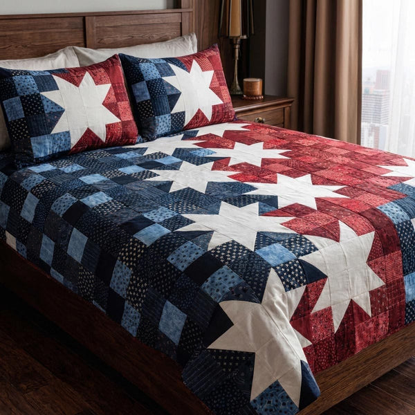 American Spirit quilted 3-piece bedding set on a made bed in a warmly lit bedroom