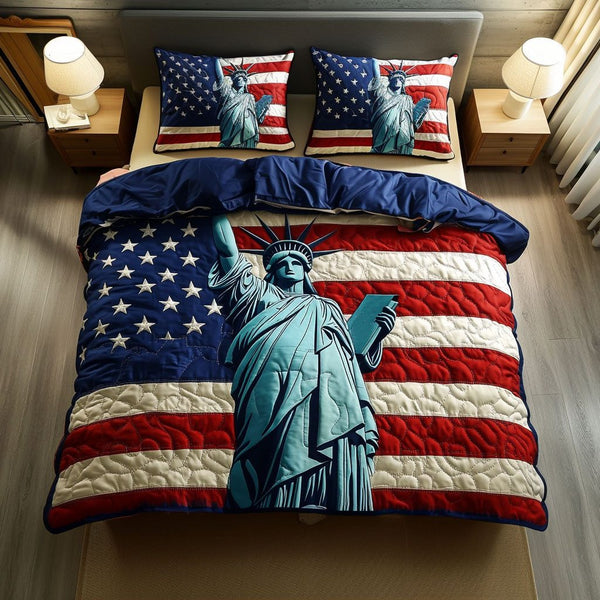 American Spirit quilted 3-piece bedding set on a made bed in a warmly lit bedroom