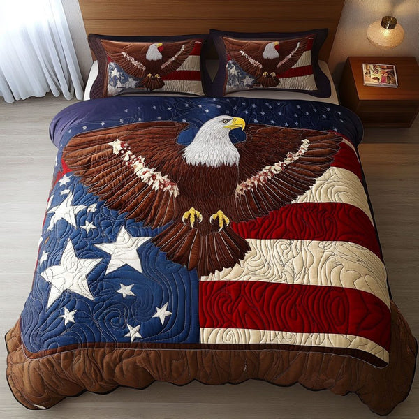 American Spirit quilted 3-piece bedding set on a made bed in a warmly lit bedroom