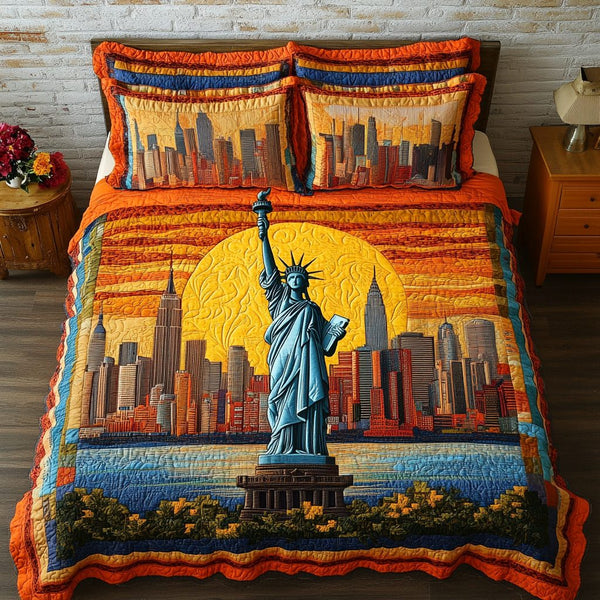 American Symbol quilted 3-piece bedding set on a made bed in a warmly lit bedroom