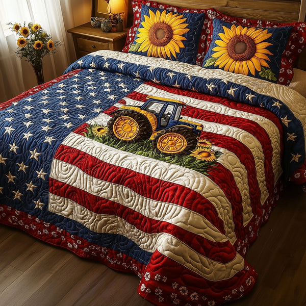 American Tractor quilted 3-piece bedding set on a made bed in a warmly lit bedroom