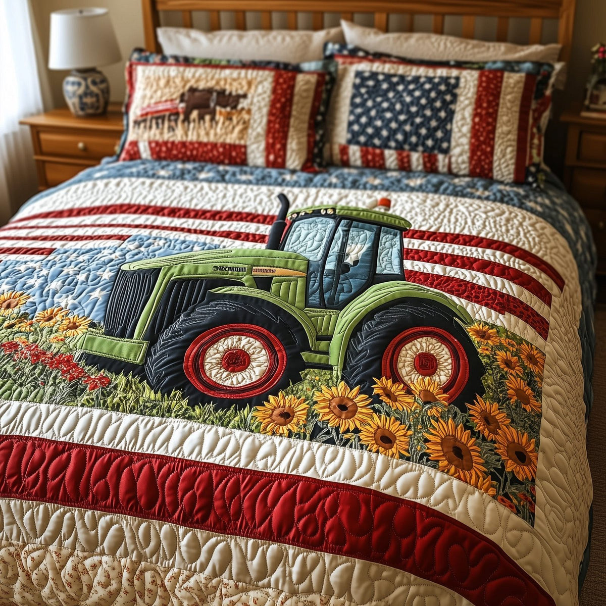 American Tractor quilted 3-piece bedding set on a made bed in a warmly lit bedroom