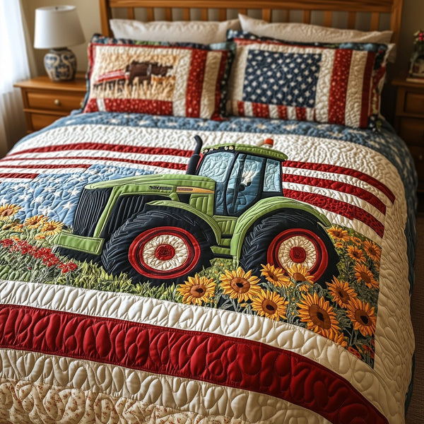 American Tractor quilted 3-piece bedding set on a made bed in a warmly lit bedroom