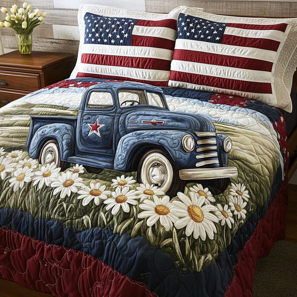 American Truck quilted 3-piece bedding set on a made bed in a warmly lit bedroom