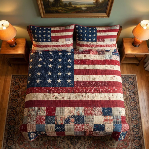 American Valor quilted 3-piece bedding set on a made bed in a warmly lit bedroom