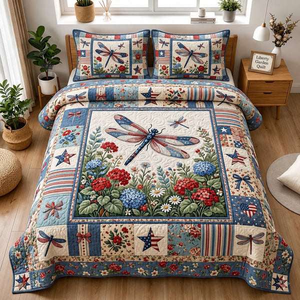 American Wings quilted 3-piece bedding set on a made bed in a warmly lit bedroom