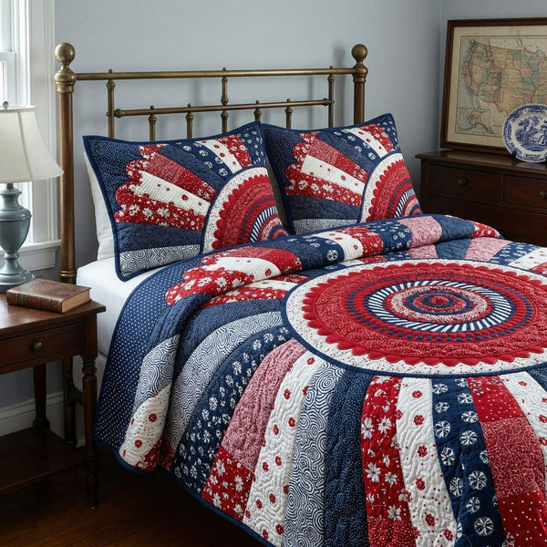 Americana Circle Classic quilted 3-piece bedding set on a made bed in a warmly lit bedroom