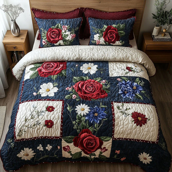 Americana Garden quilted 3-piece bedding set on a made bed in a warmly lit bedroom