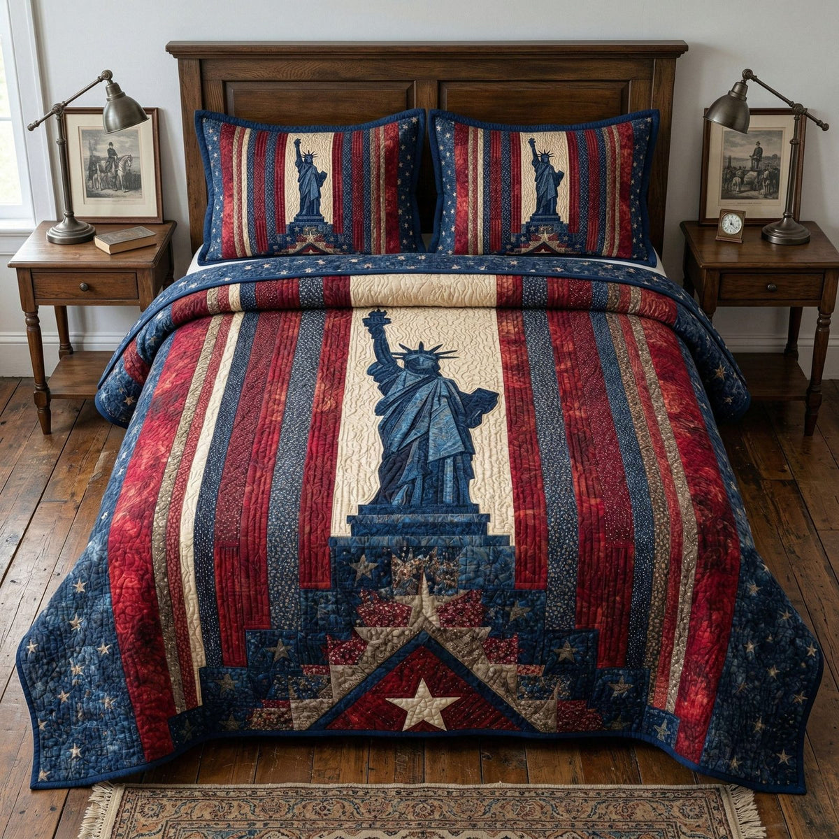 Americana Liberty quilted 3-piece bedding set on a made bed in a warmly lit bedroom