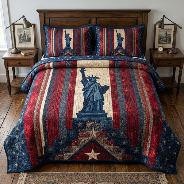 Americana Liberty quilted 3-piece bedding set on a made bed in a warmly lit bedroom