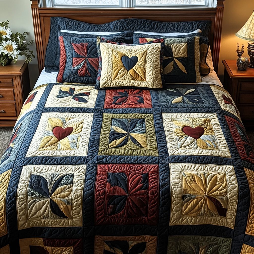 Americana Love quilted 3-piece bedding set on a made bed in a warmly lit bedroom