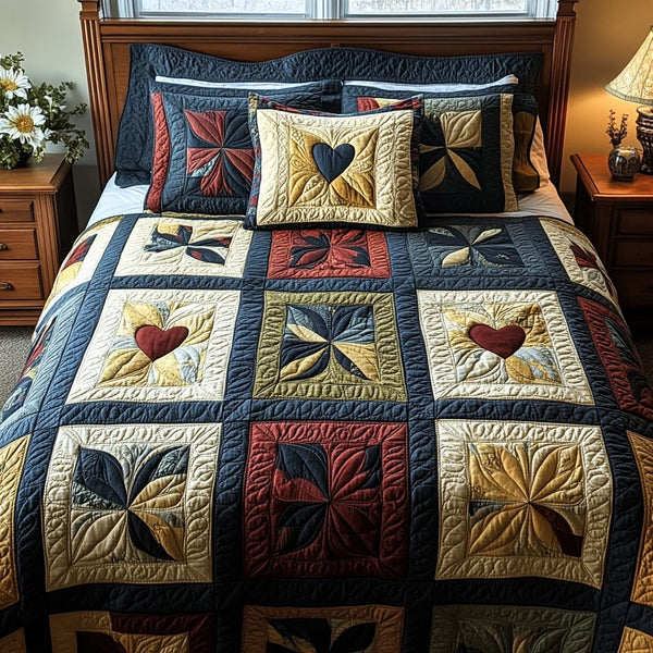 Americana Love quilted 3-piece bedding set on a made bed in a warmly lit bedroom