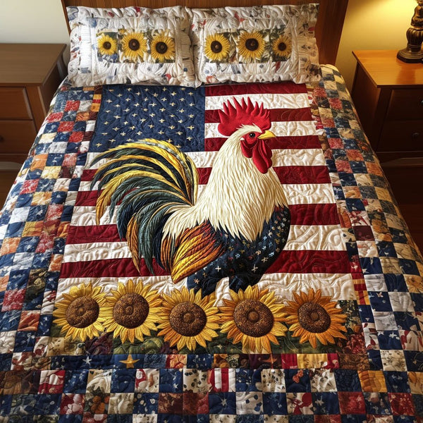 Americana Roosters quilted 3-piece bedding set on a made bed in a warmly lit bedroom
