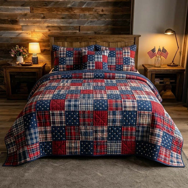 Americana Star quilted 3-piece bedding set on a made bed in a warmly lit bedroom