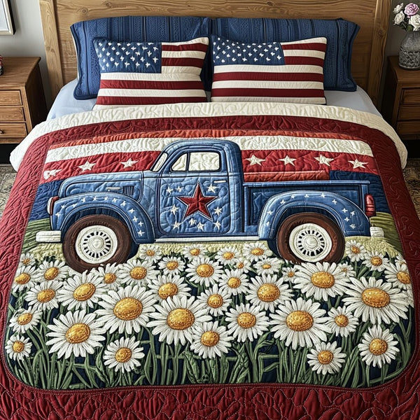 Americana Vibe quilted 3-piece bedding set on a made bed in a warmly lit bedroom
