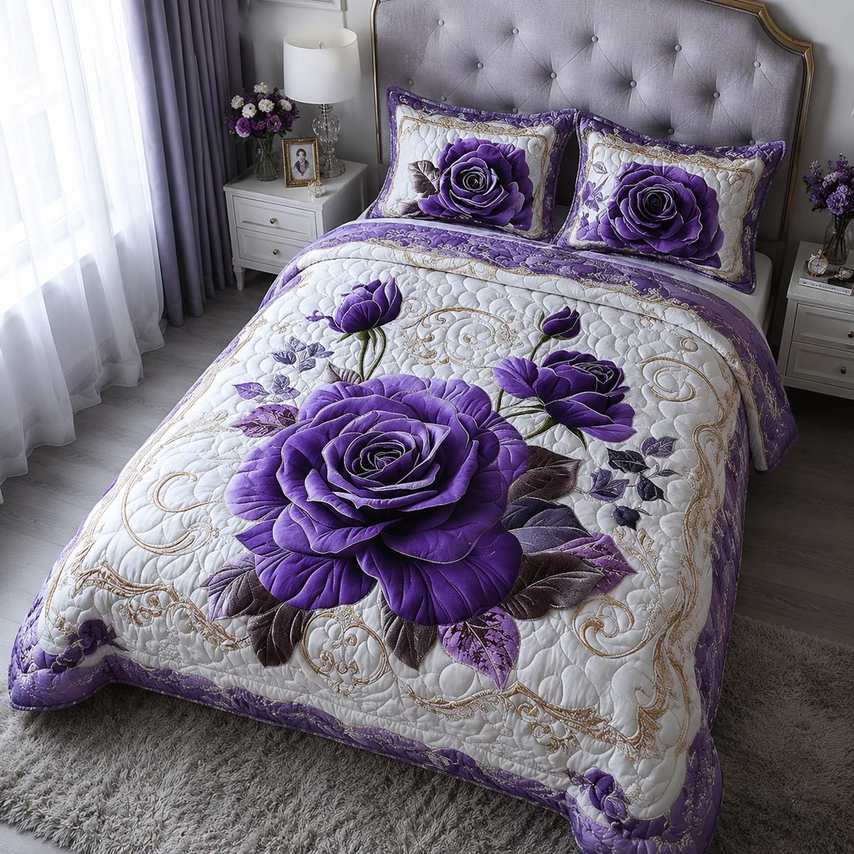 Amethyst Bloom quilted 3-piece bedding set on a made bed with two matching pillow shams