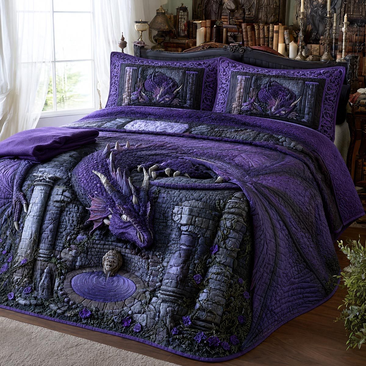 Amethyst Ruinkeeper quilted 3-piece bedding set on a made bed with two matching pillow shams