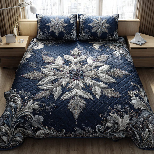 Amethyst Snowflake Vine quilted 3-piece bedding set on a made bed in a winter-styled bedroom