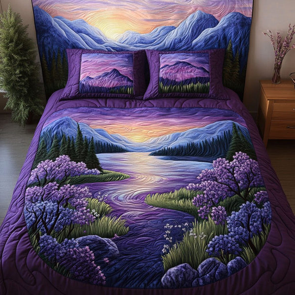 Amethyst Sunrise quilted 3-piece bedding set on a made bed with two matching pillow shams