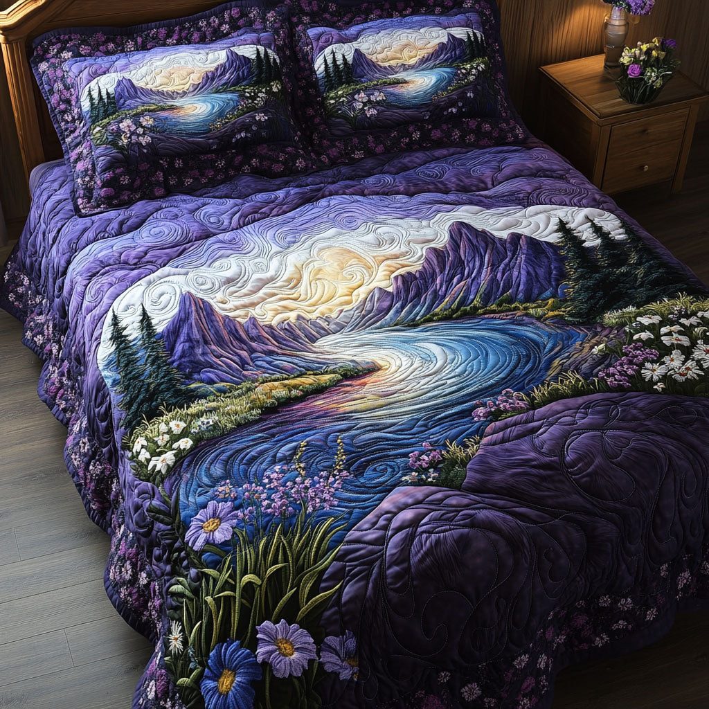 Amethyst Vista quilted 3-piece bedding set on a made bed with two matching pillow shams