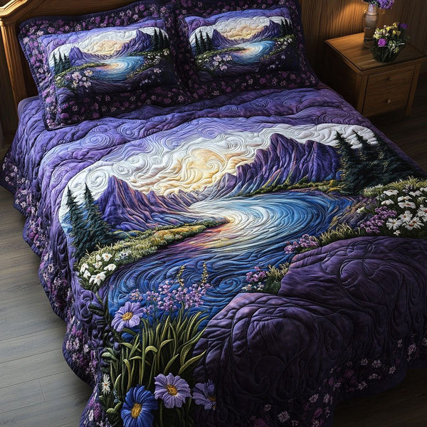 Amethyst Vista quilted 3-piece bedding set on a made bed with two matching pillow shams