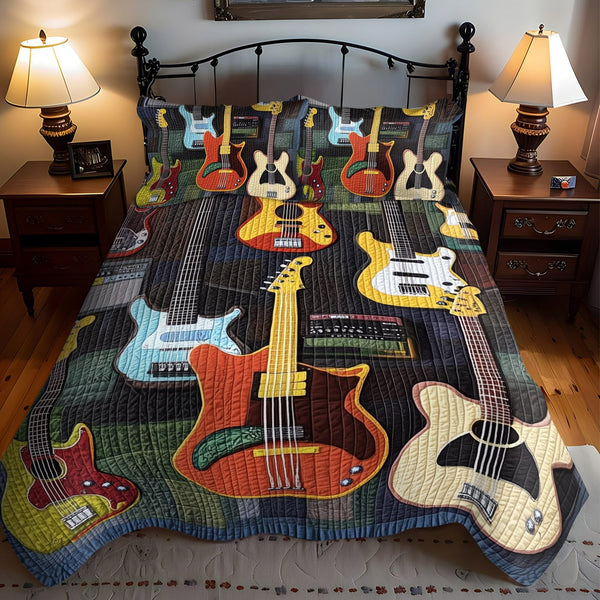 Amplified Beats quilted 3-piece bedding set on a made bed with two matching pillow shams