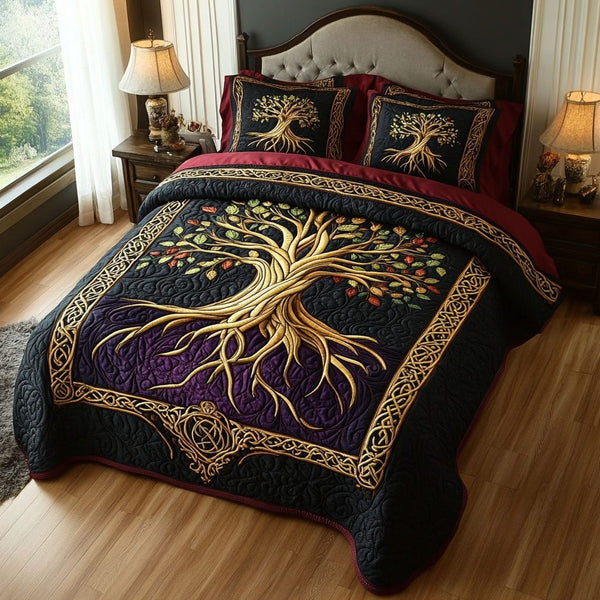 Ancestral Arbor quilted 3-piece bedding set on a made bed with two matching pillow shams
