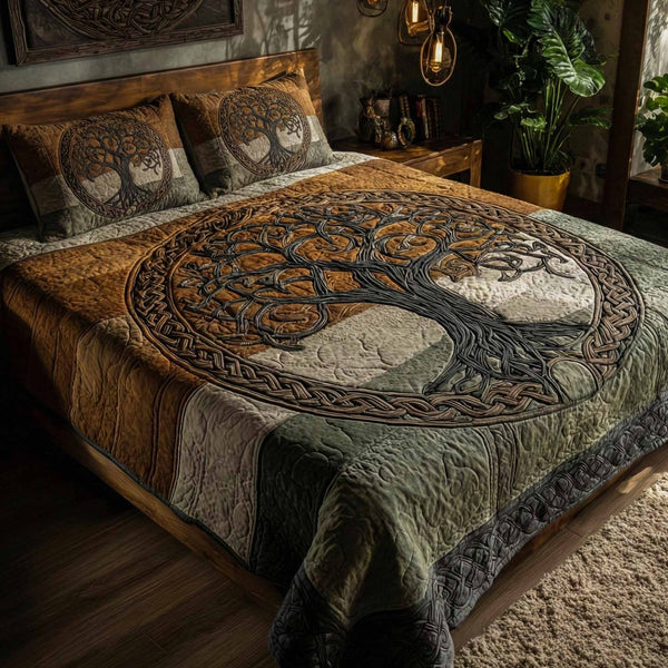 Ancestral Bark quilted 3-piece bedding set on a made bed with two matching pillow shams