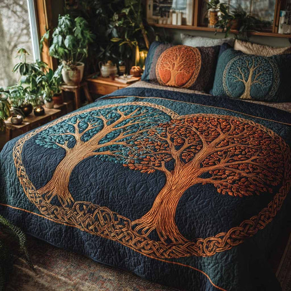 Ancestral Crown quilted 3-piece bedding set on a made bed with two matching pillow shams
