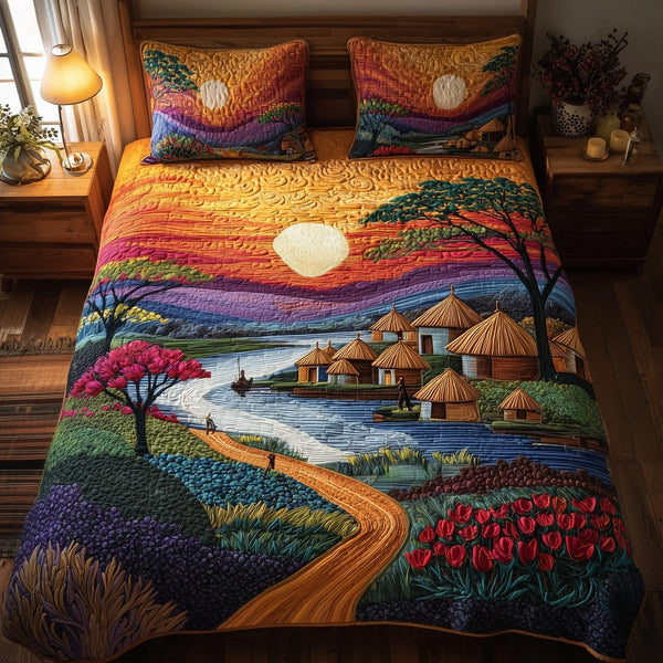 Ancestral Grounds quilted 3-piece bedding set on a made bed with two matching pillow shams