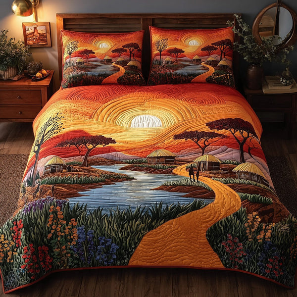 Ancestral Grounds quilted 3-piece bedding set on a made bed with two matching pillow shams