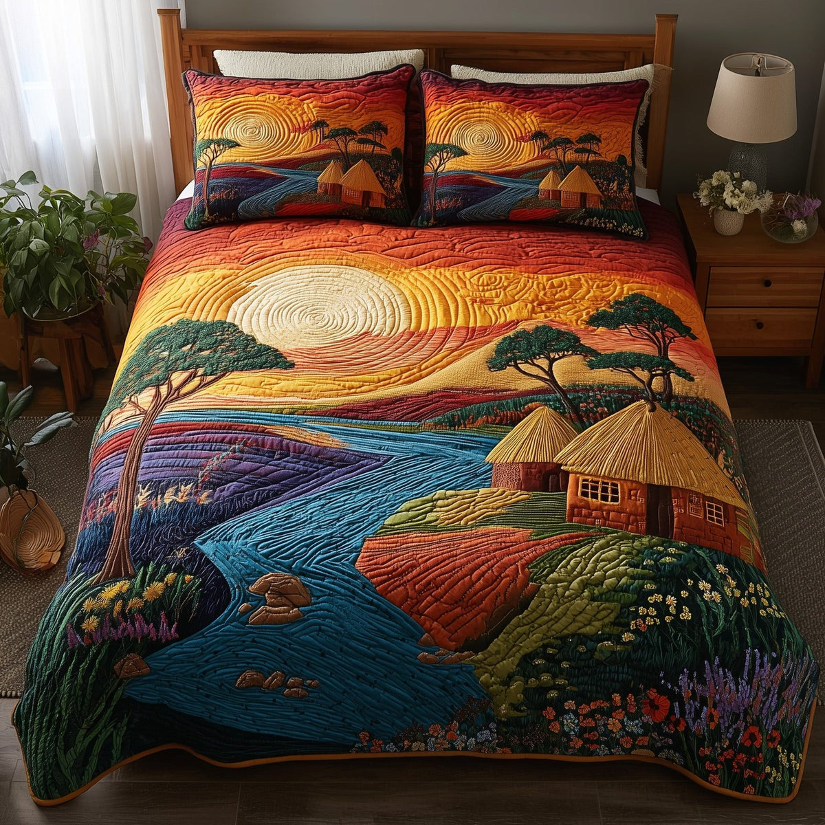 Ancestral Grounds quilted 3-piece bedding set on a made bed with two matching pillow shams