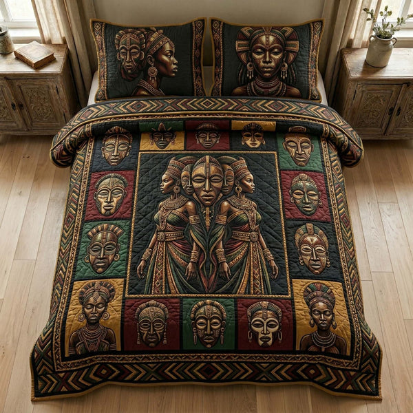 Ancestral Masks quilted 3-piece bedding set on a made bed with two matching pillow shams