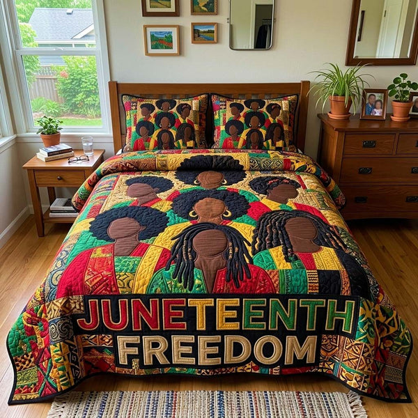 Ancestral Spirit quilted 3-piece bedding set on a made bed with two matching pillow shams