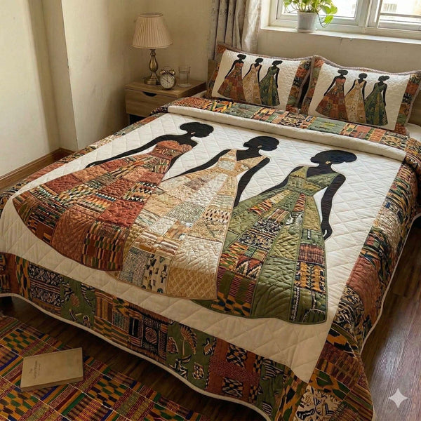 Ancestral Threads quilted 3-piece bedding set on a made bed with two matching pillow shams
