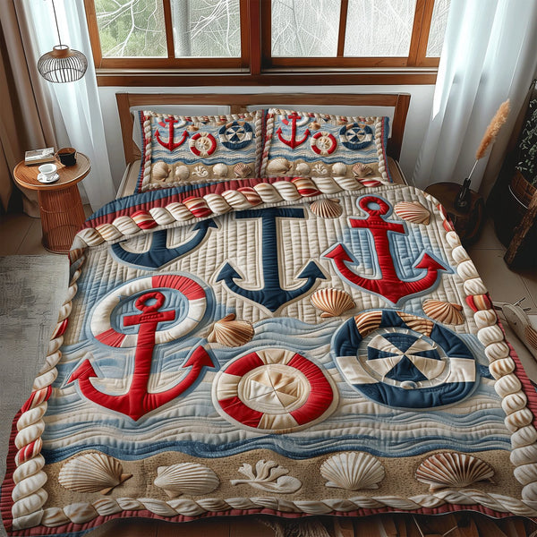 Anchor And Lifebuoy quilted 3-piece bedding set on a made bed in a light coastal bedroom