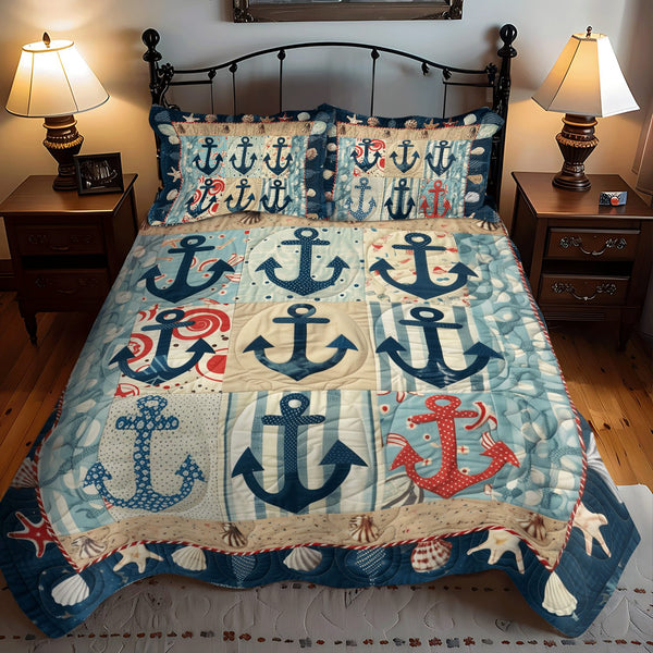 Anchor Bay quilted 3-piece bedding set on a made bed in a light coastal bedroom
