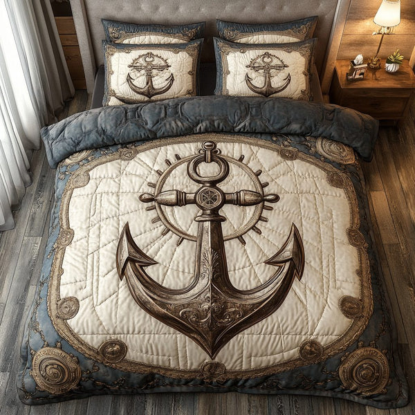 Anchor Bliss quilted 3-piece bedding set on a made bed in a light coastal bedroom