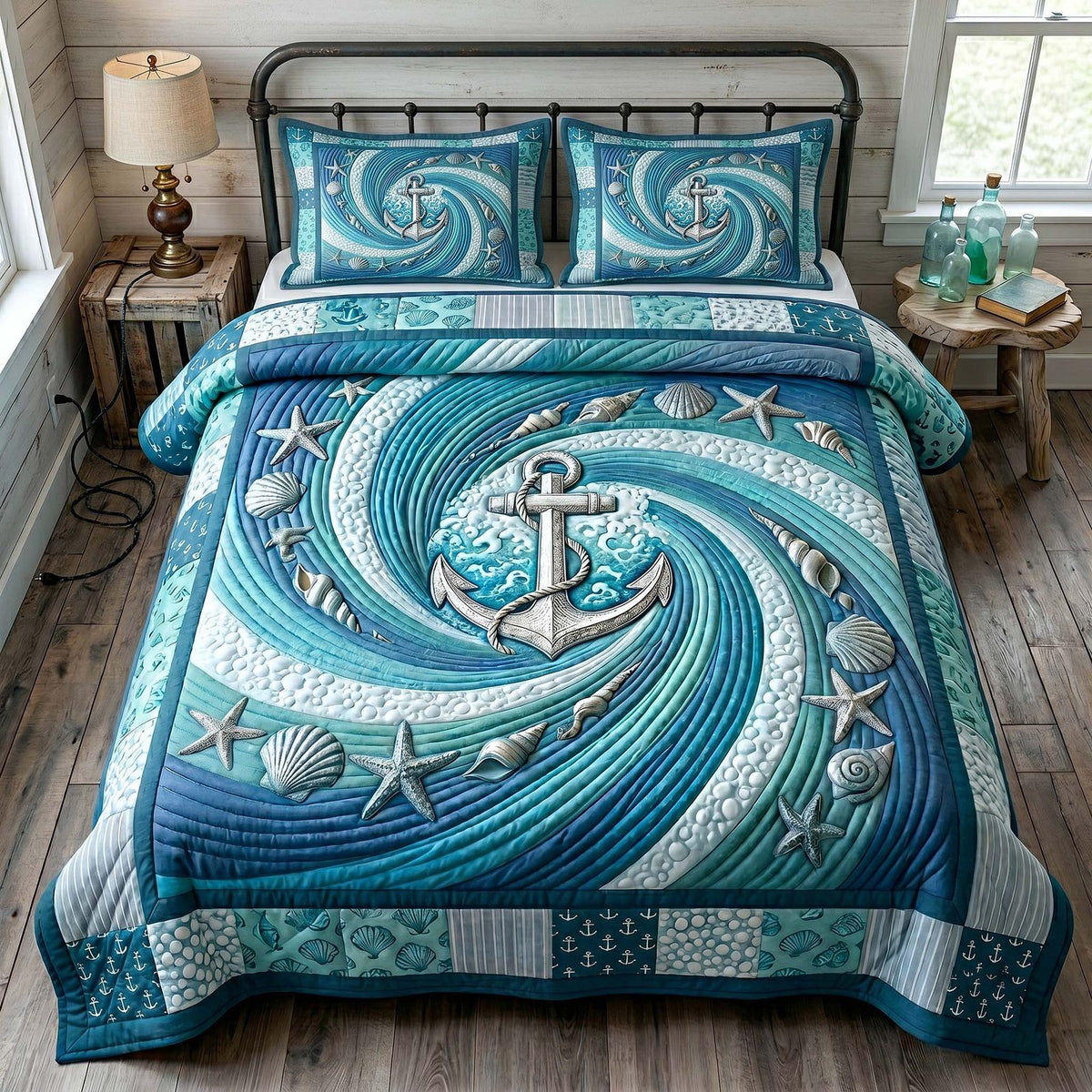 Anchor Breeze quilted 3-piece bedding set on a made bed in a light coastal bedroom