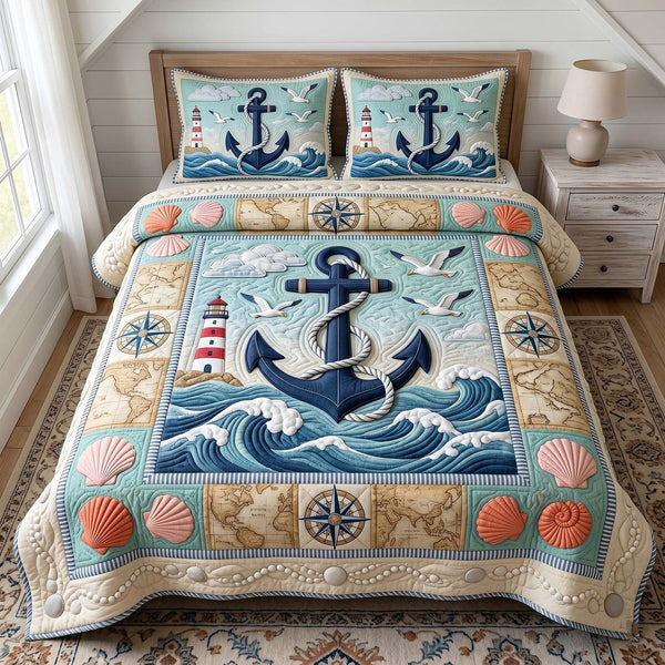 Anchor Breeze quilted 3-piece bedding set on a made bed in a light coastal bedroom