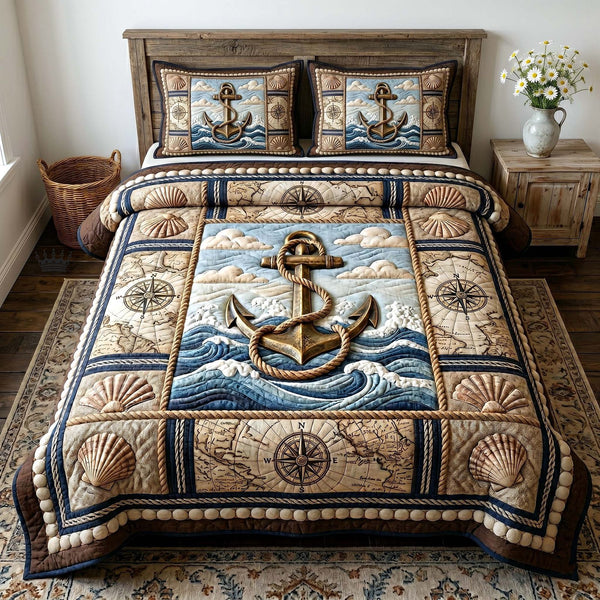Anchor Breeze quilted 3-piece bedding set on a made bed in a light coastal bedroom