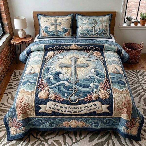 Anchor Cross quilted 3-piece bedding set on a made bed in a softly lit bedroom