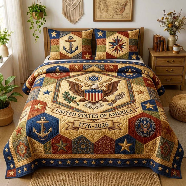 Anchor Eagle quilted 3-piece bedding set on a made bed in a warmly lit bedroom