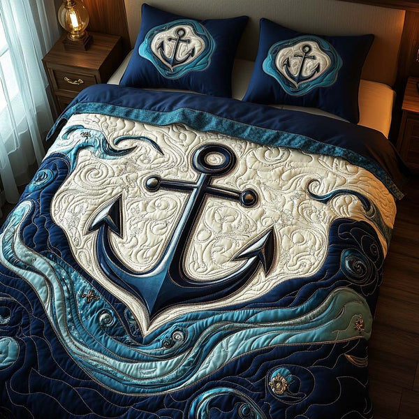 Anchor Embrace quilted 3-piece bedding set on a made bed in a light coastal bedroom