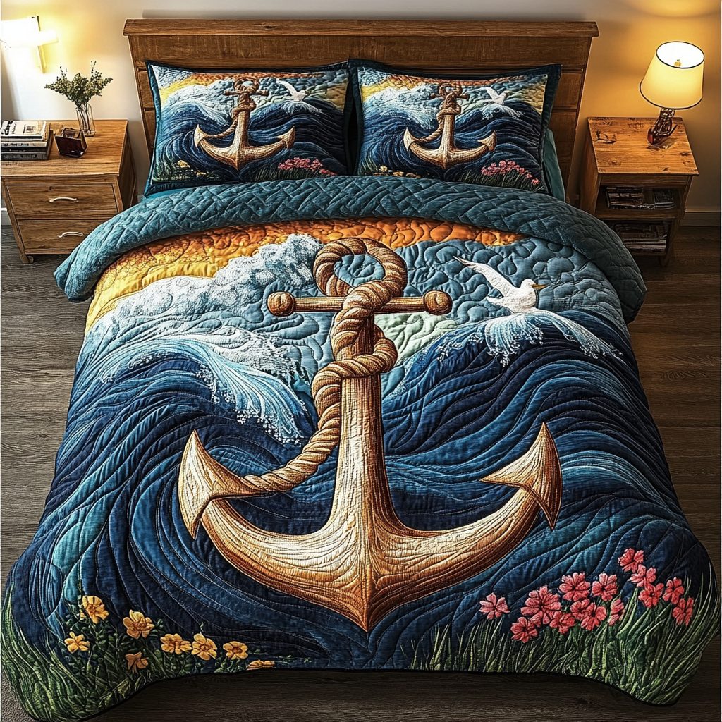 Anchor Haven quilted 3-piece bedding set on a made bed in a light coastal bedroom