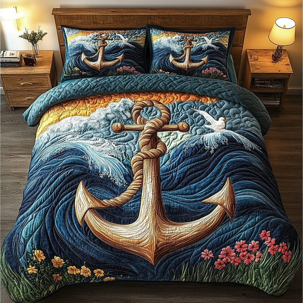 Anchor Haven quilted 3-piece bedding set on a made bed in a light coastal bedroom
