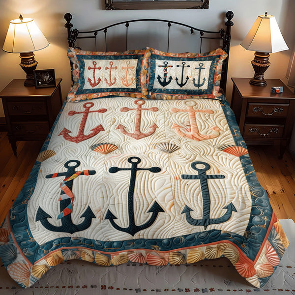 Anchor Haven quilted 3-piece bedding set on a made bed in a light coastal bedroom