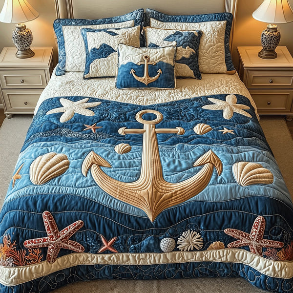Anchor Haven quilted 3-piece bedding set on a made bed in a light coastal bedroom